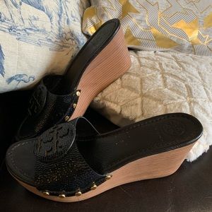 Tory Burch-Black Patent Leather Wedge Sandal with Gold Riveting